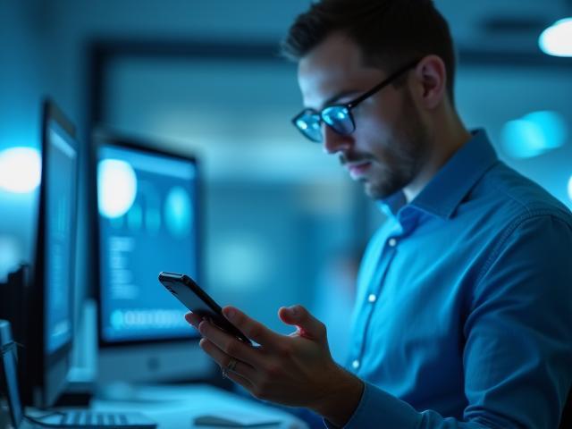 Techniker führt App-Test auf verschiedenen Smartphones durch