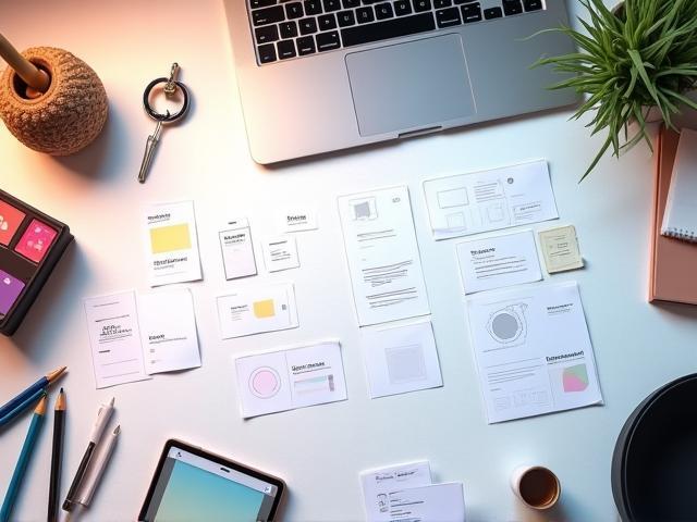 Skizzen von App-Layouts und Design-Tools auf einem Schreibtisch